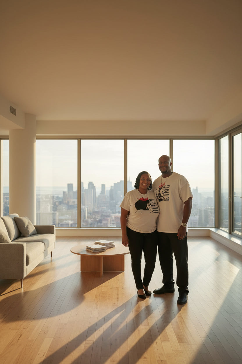 Two people wearing 'King' and 'Queen' t-shirts in a living room.