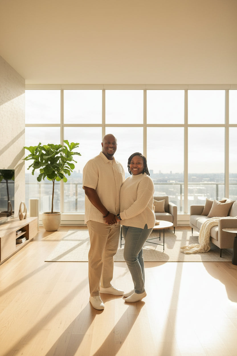 two people standing close together in a room with a blurred background